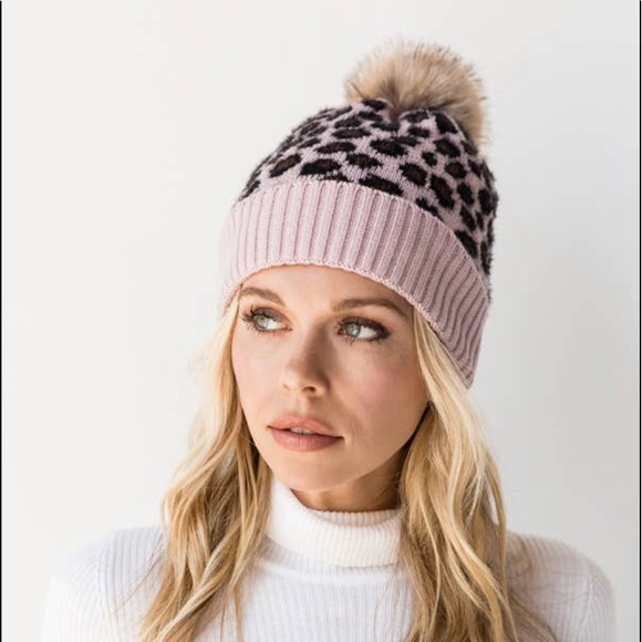 Pink Leopard Print Beanie with Pom Pom - Picture 2 of 2